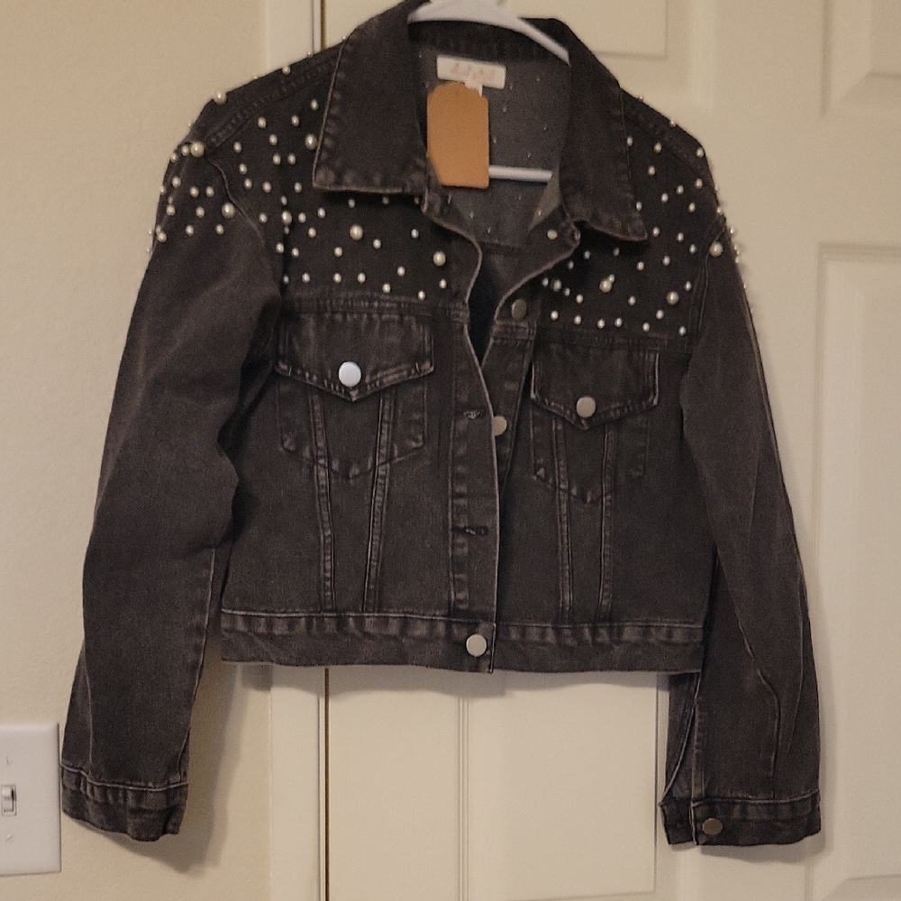 Pearl Studded Black Denim Jacket